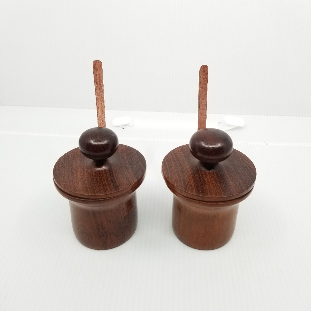 Primitive Farmhouse Condiment Spice Salt Pepper Wooden Set With Spoon‎ - Picture 2 of 10